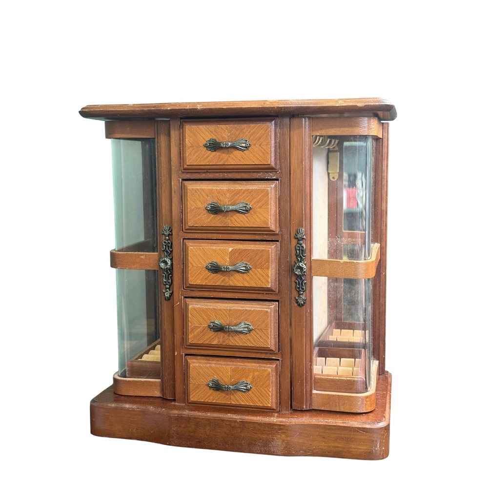 Vintage Wood Jewelry Armoire 5 Drawer Necklace Carousel Mirrored Chest - Picture 9 of 9